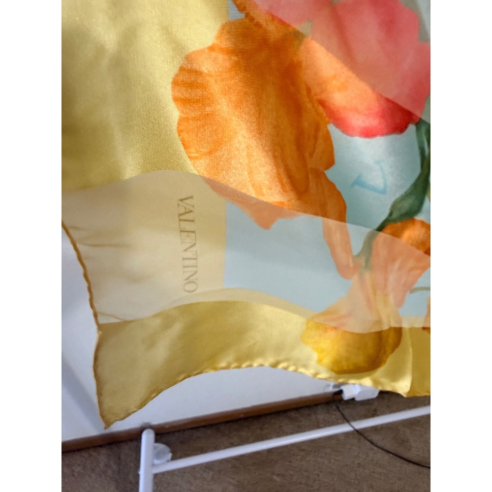 Valentino Silk Scarf Floral Lily Print Yellow Blue Made in Italy Square Scarf - Picture 3 of 6
